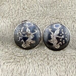 Vintage Siam Sterling Silver Screw Back Earrings Black‎ Enamel Niello Mekkala